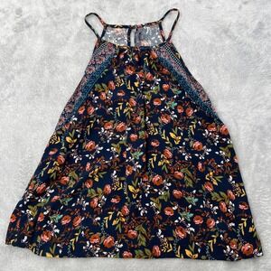 BECOOL Womens Navy Blue Floral Halter Tank Top Boho Sleeveless Keyhole Back L